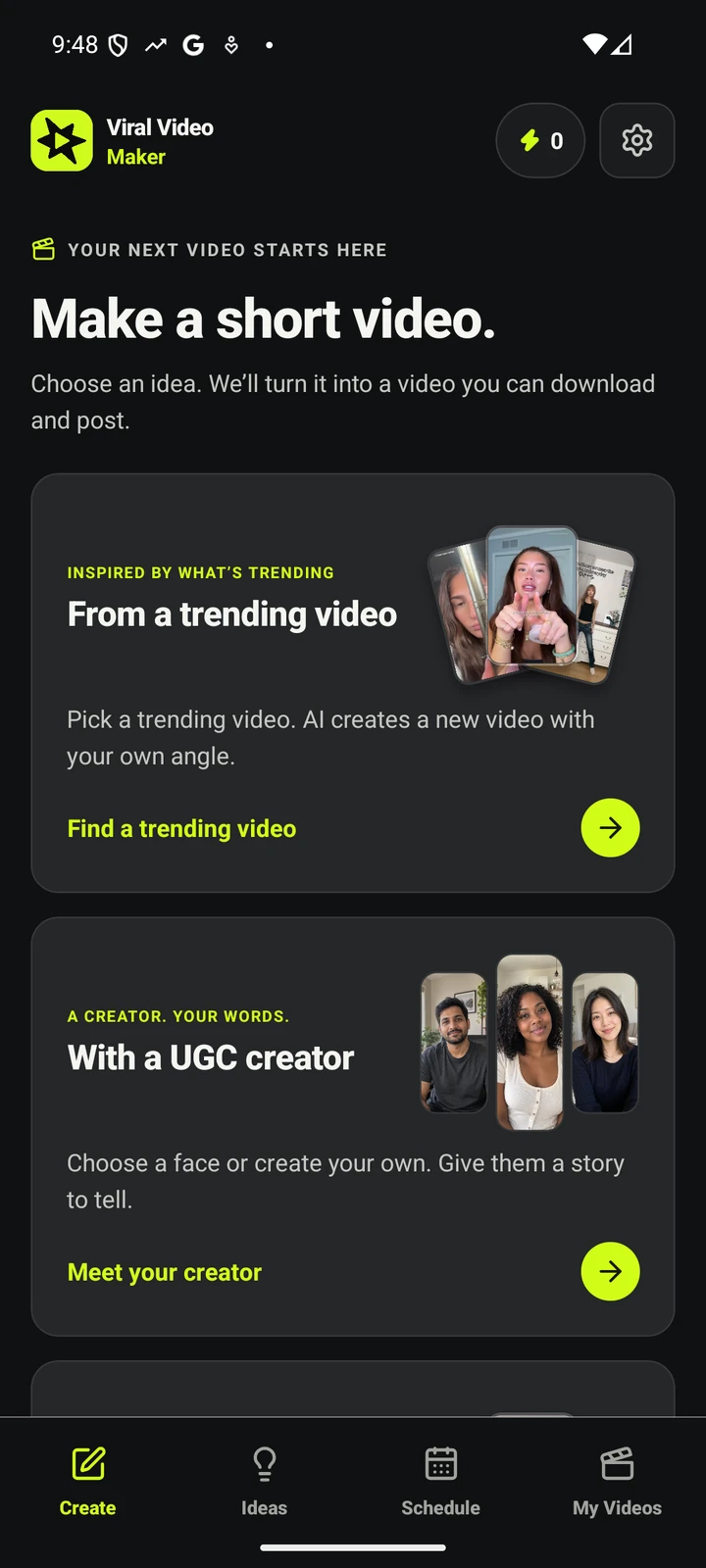 The latest Android Create screen: start with a trending video, a UGC creator, or your own idea