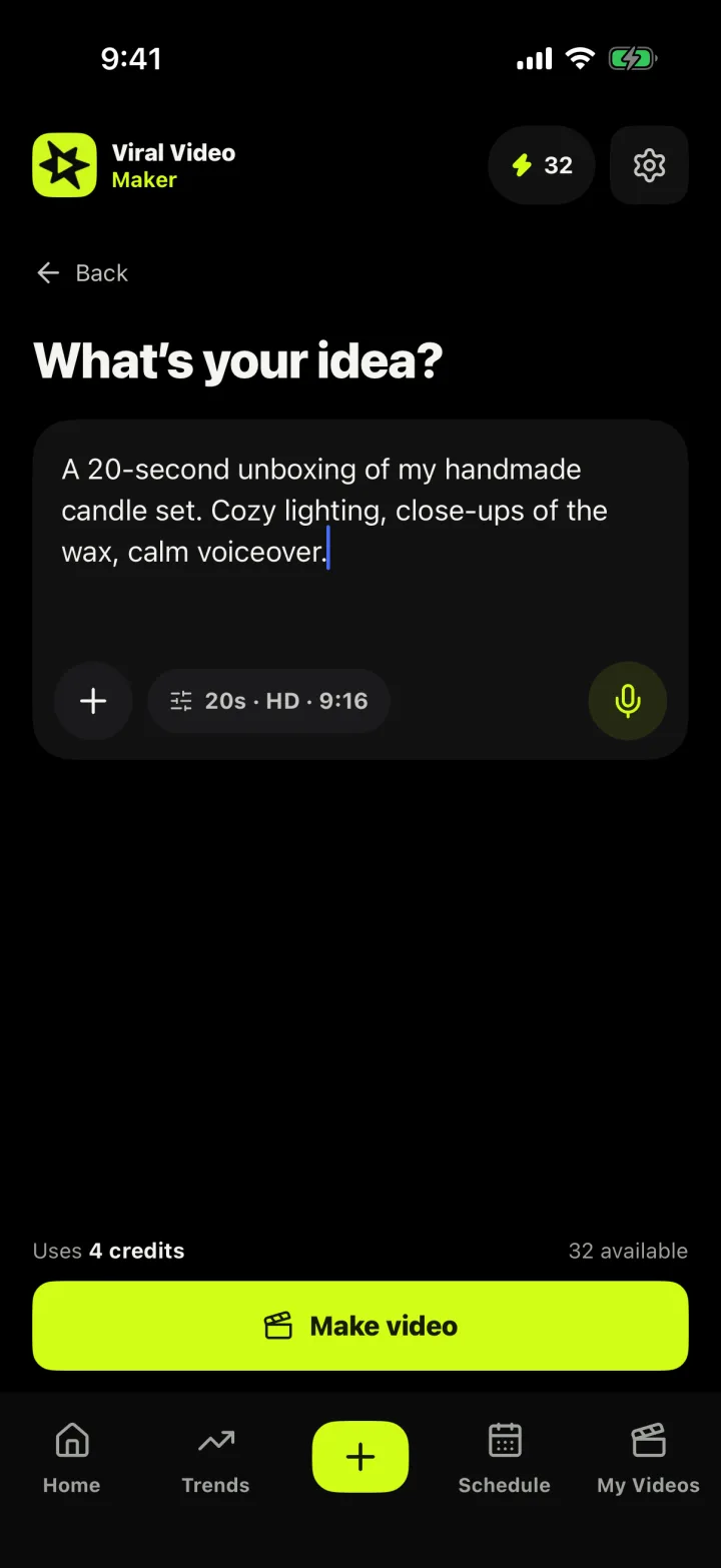 Own-idea screen with a typed video prompt, length, quality and shape settings, voice dictation button and credit cost