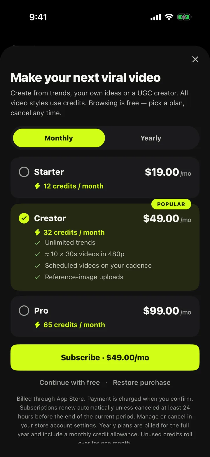 In-app plans screen showing Starter at $19 a month with 12 credits, Creator at $49 with 32 credits and Pro at $99 with 65 credits