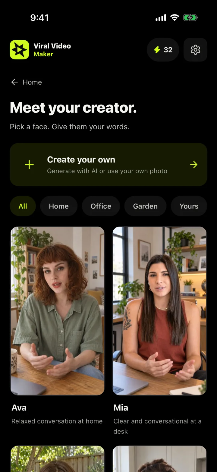UGC creator library with fictional AI creator portraits and an option to create your own creator or use your own photo